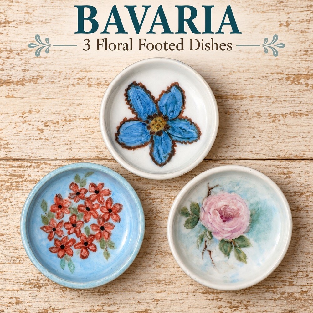 Bavaria Porcelain Miniature Footed Trinket Dishes Lot of 3 Floral Rose Blue